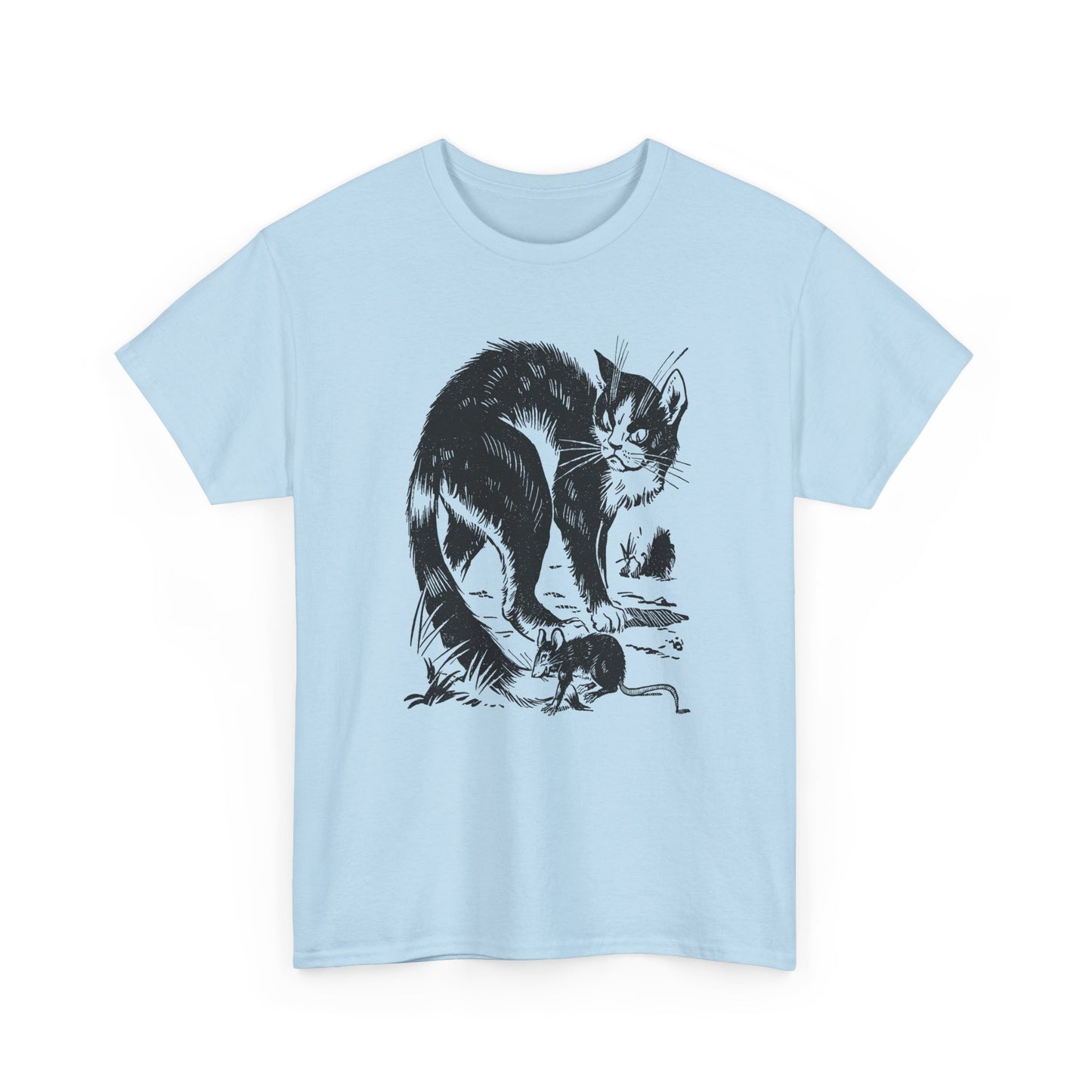 vintage french children's book illustration of angry cat and happy mouse reproduction tshirt