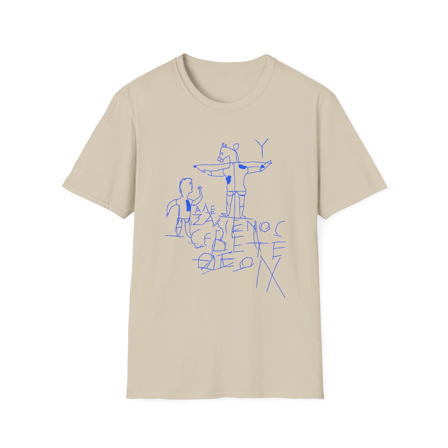 alexamenos graffito blasphemous young man worships donkey early graffiti 200 BC in blue tshirt