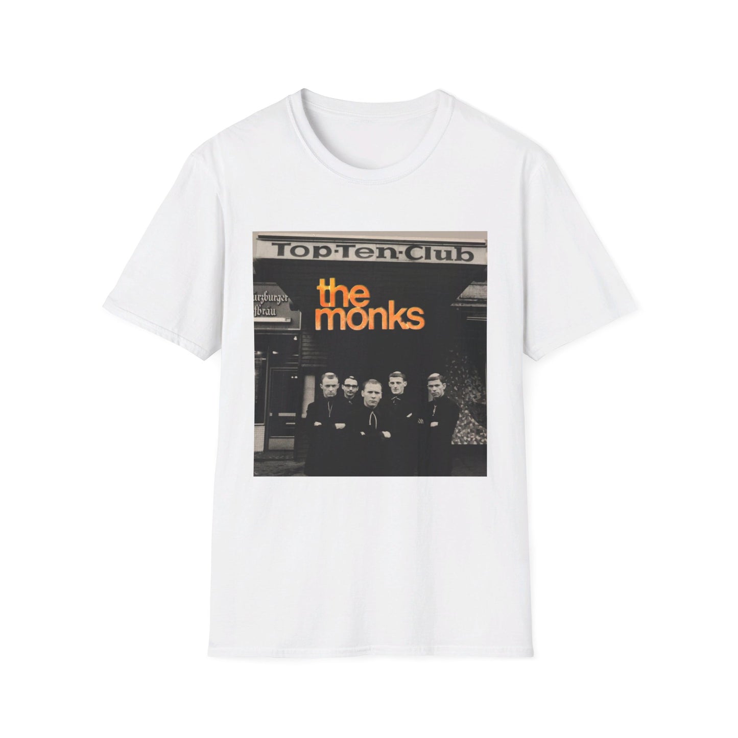 1960s experimental rock n roll band the monks in front of the top ten club tshirt