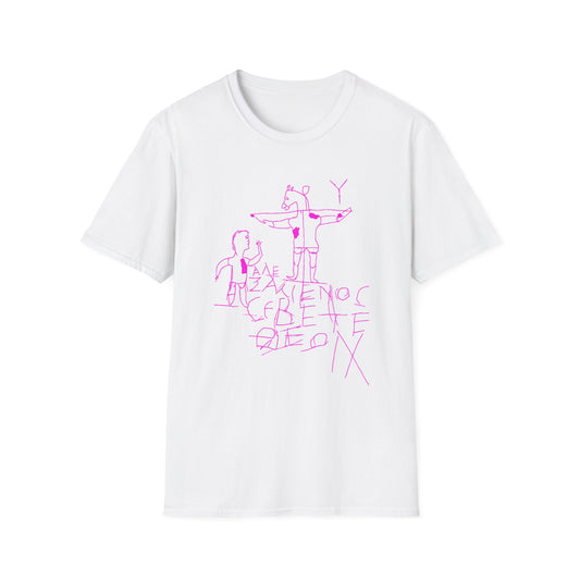 alexamenos graffito blasphemous young man worships donkey early graffiti 200 BC in pink tshirt