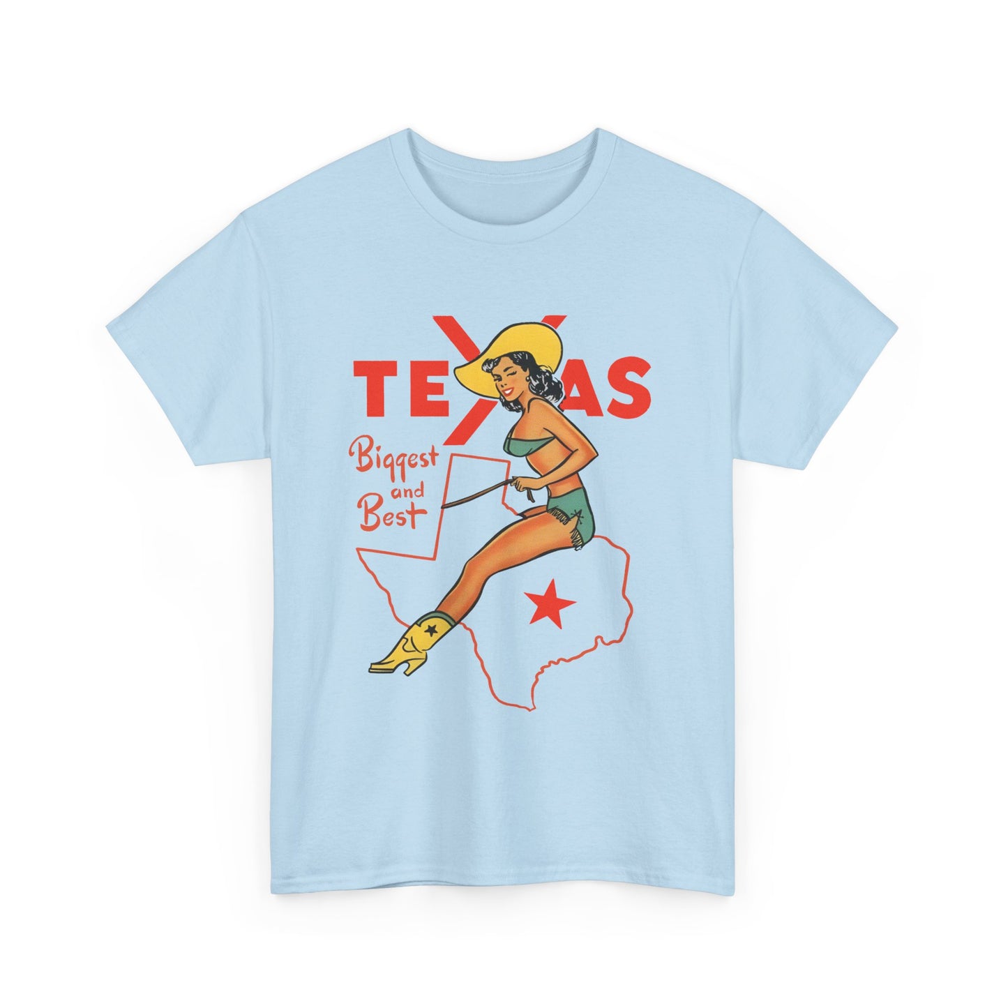 mid twentieth century texas biggest and best cowgirl pin up art reproduction tshirt