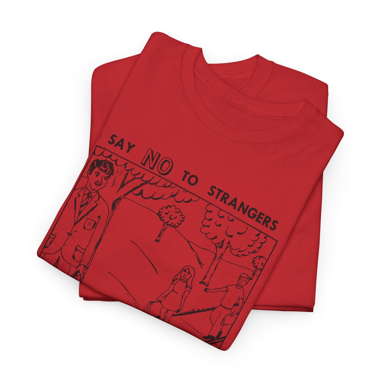 vintage block parents graphic say no to strangers reproduction tshirt
