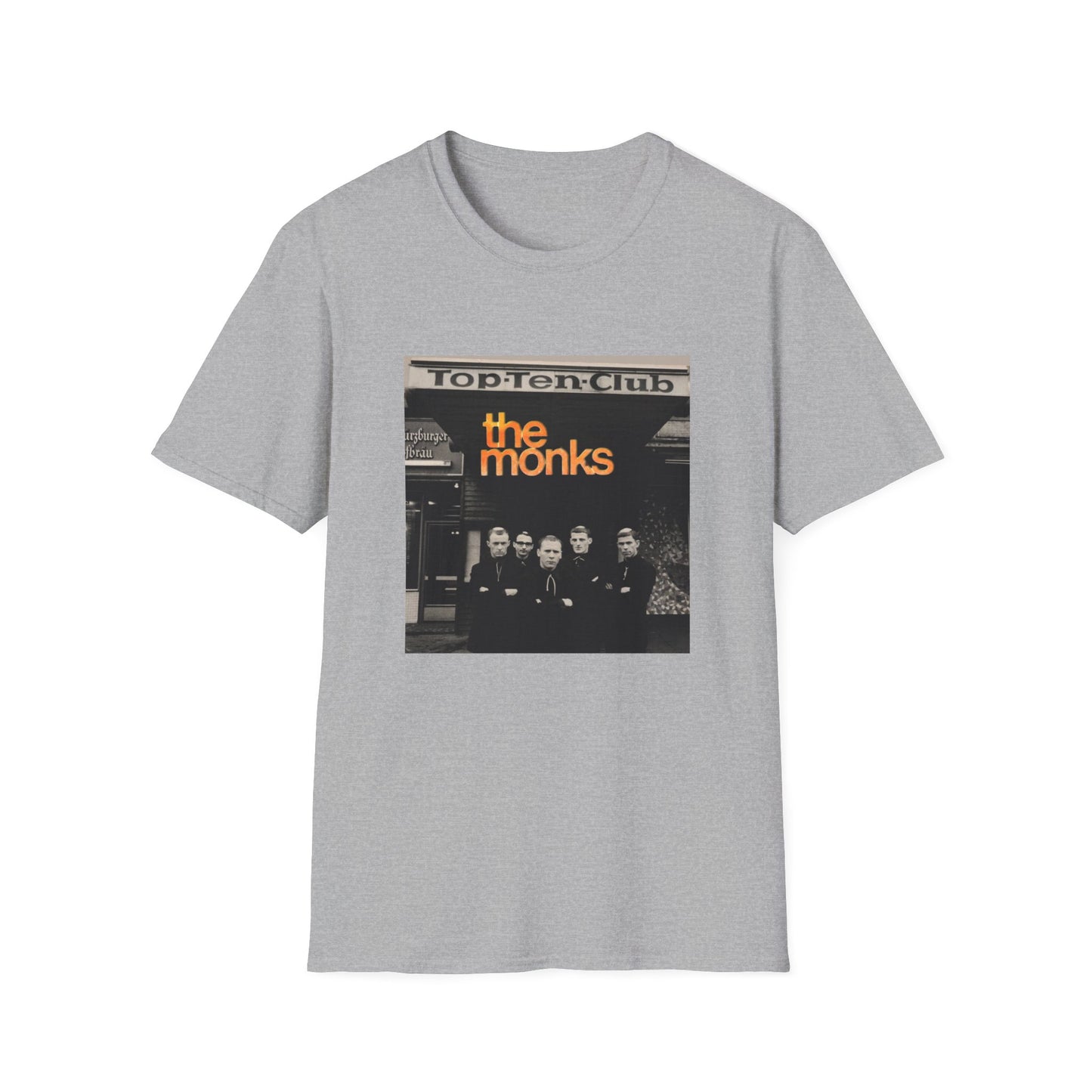 1960s experimental rock n roll band the monks in front of the top ten club tshirt
