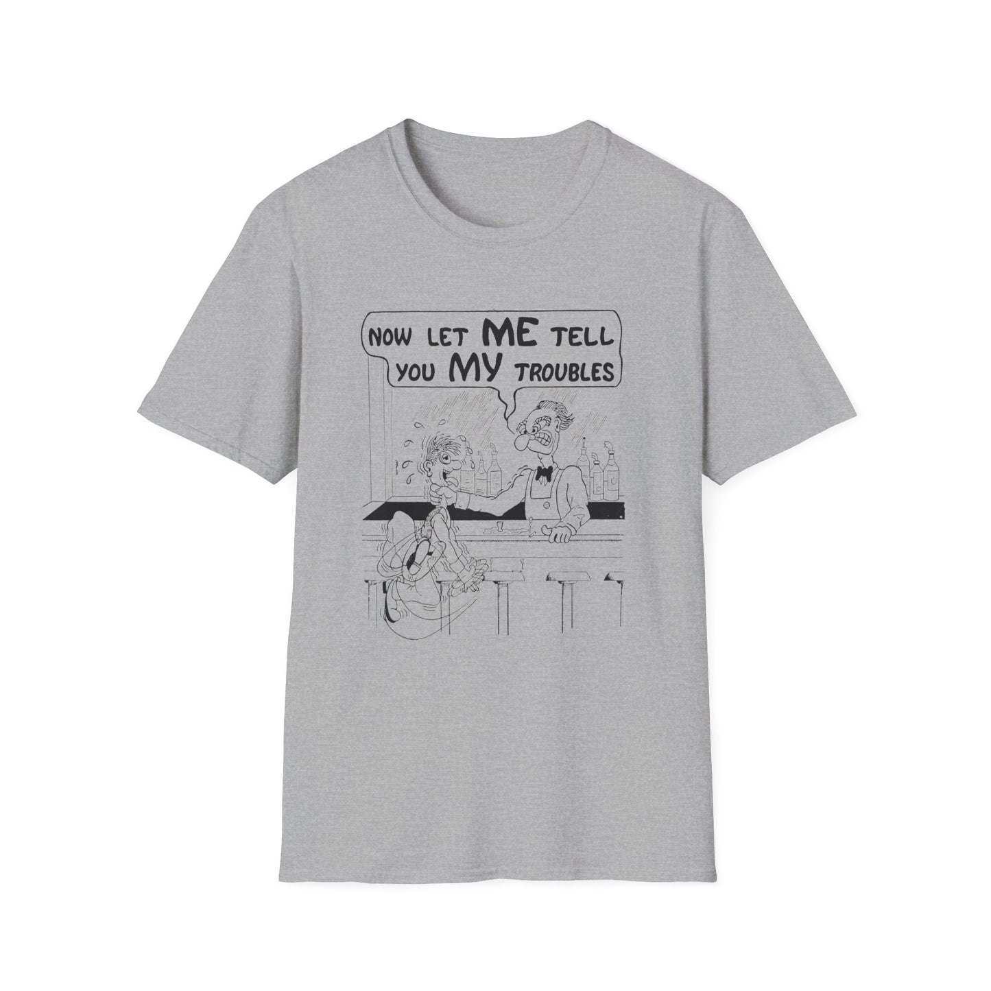 vintage postcard comic now let me tell you my troubles bartender tshirt
