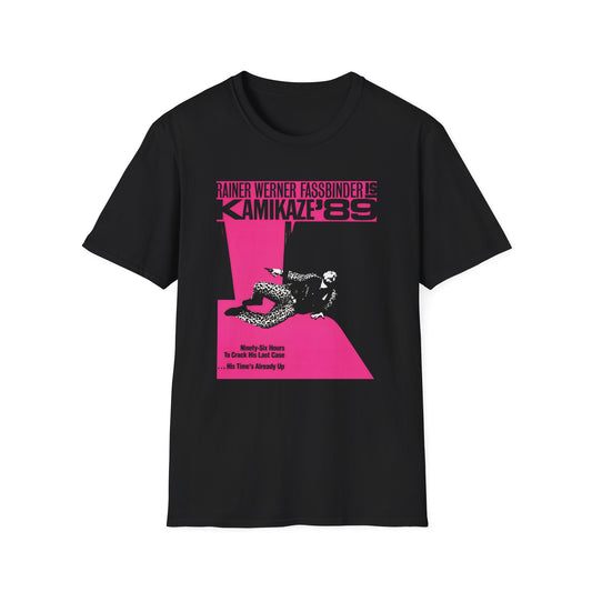 1982 rainer werner fassbinder's "kamikaze '89" movie poster tshirt in pink