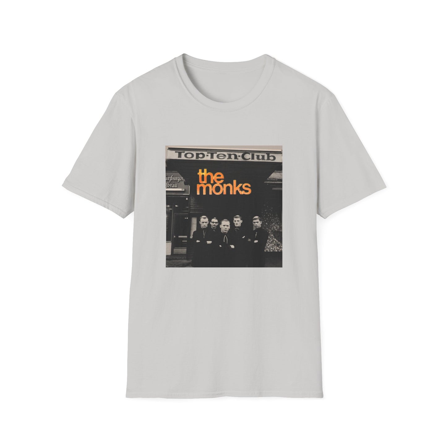 1960s experimental rock n roll band the monks in front of the top ten club tshirt