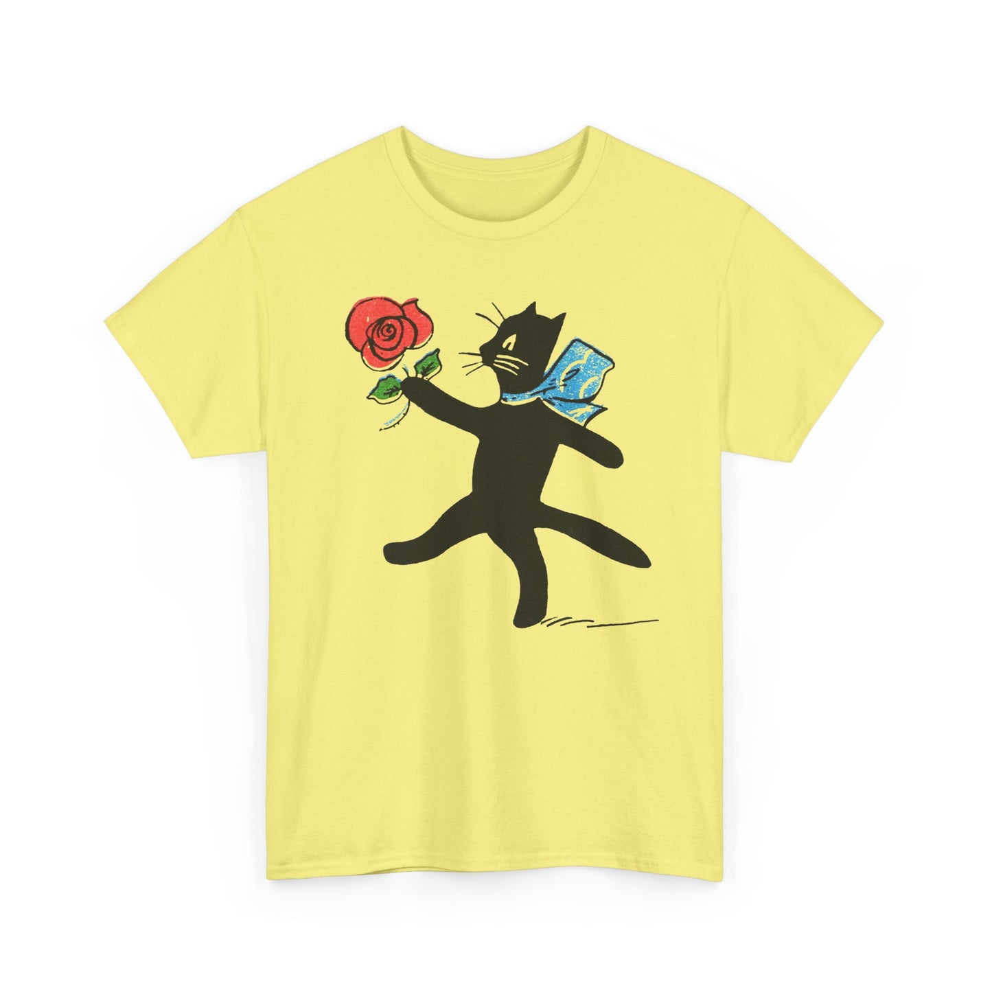 early 1900s french illustration of black cat with flower reproduction tshirt