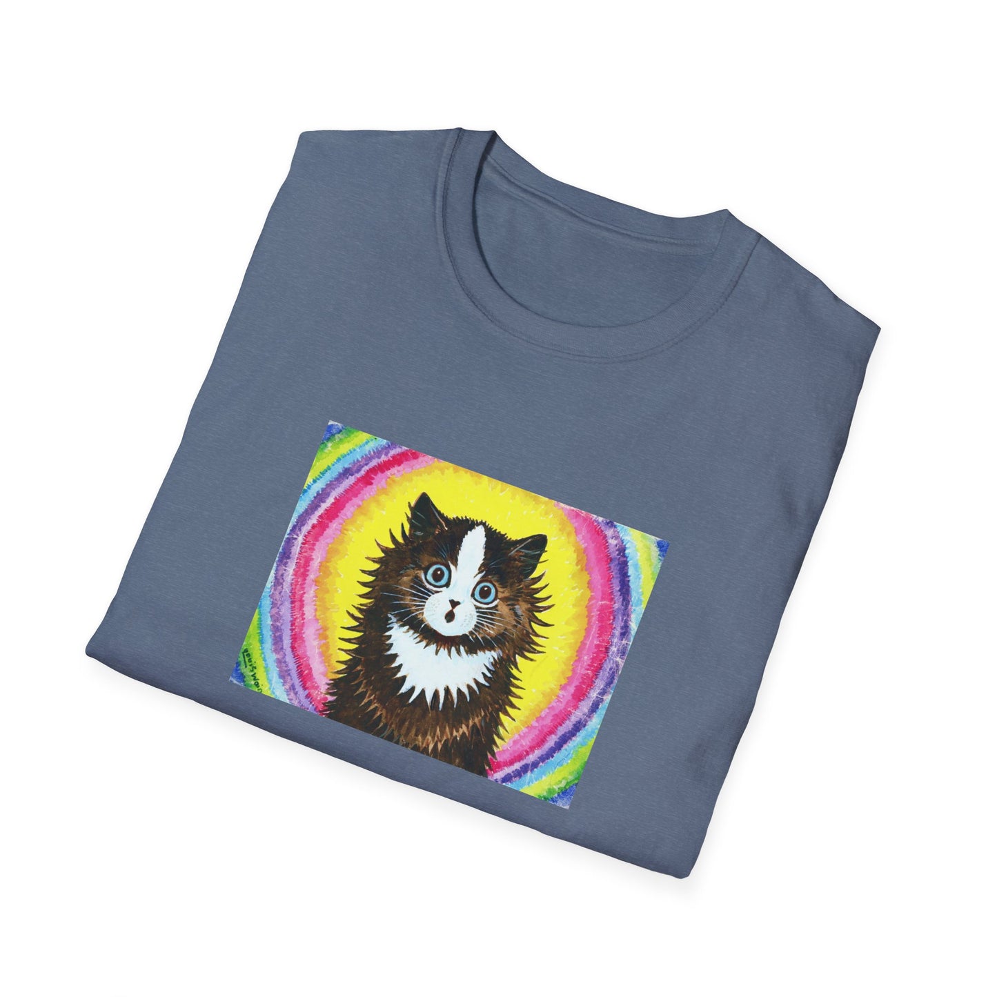 louis wain cat in a rainbow watercolour and gouache on paper reproduction tshirt