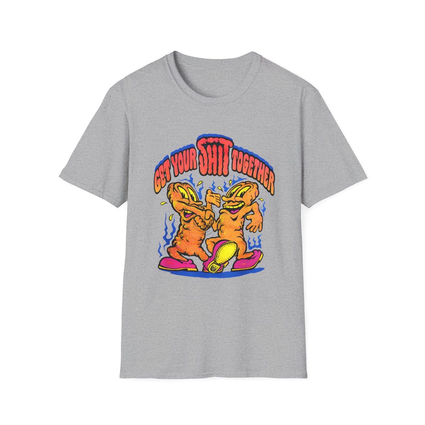 1970s graphic "get your shit together" two shits shaking hands tshirt