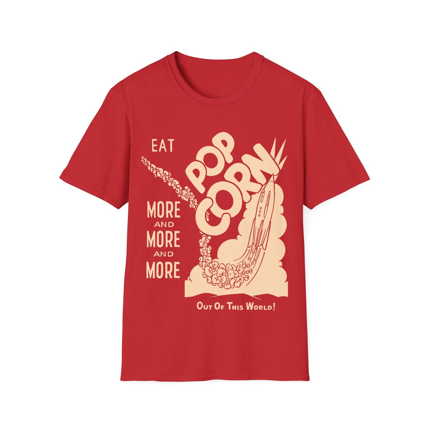 1950s popcorn box logo "eat popcorn more and more and more out of this world!" tshirt