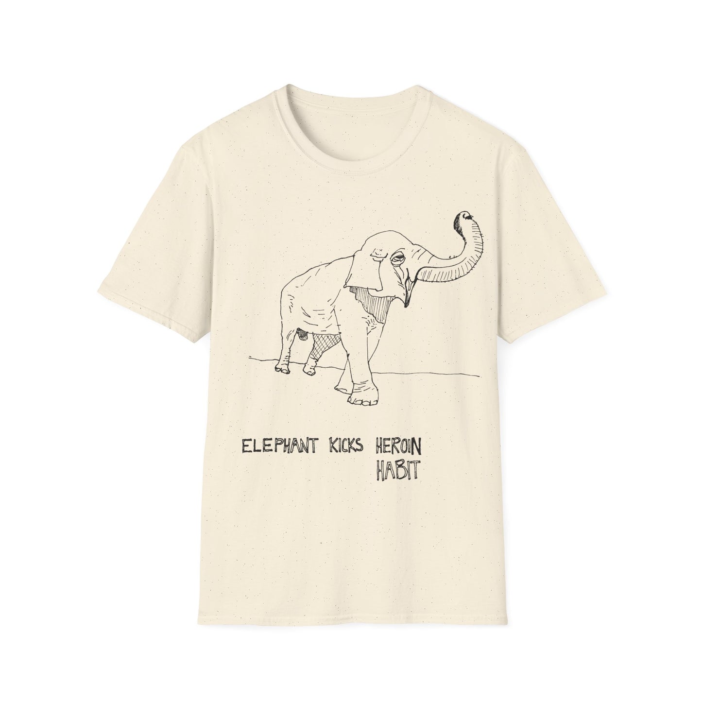 elephant kicks heroin habit original drawing tshirt. reference to xiguang the elephant