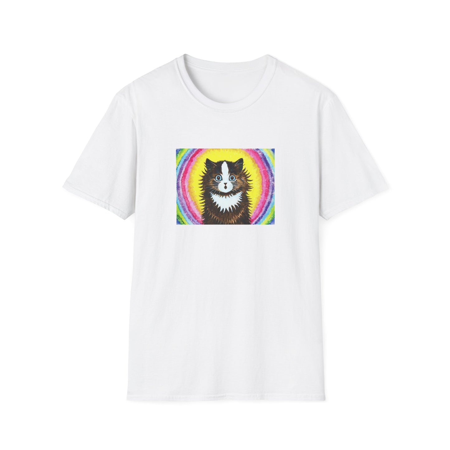 louis wain cat in a rainbow watercolour and gouache on paper reproduction tshirt