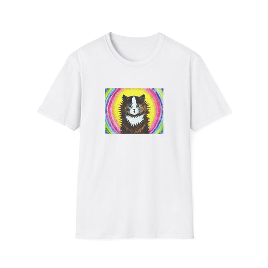 louis wain cat in a rainbow watercolour and gouache on paper reproduction tshirt