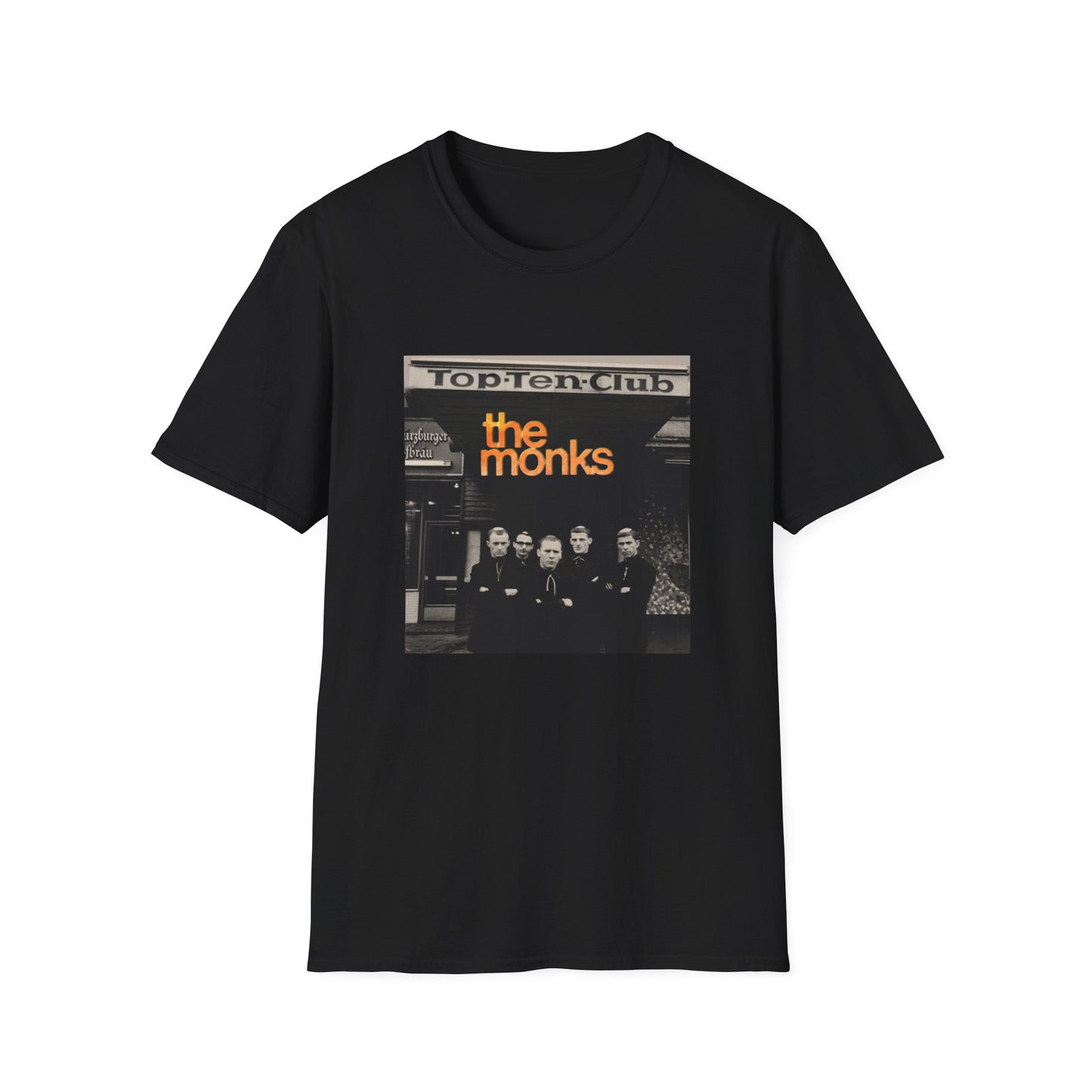 1960s experimental rock n roll band the monks in front of the top ten club tshirt