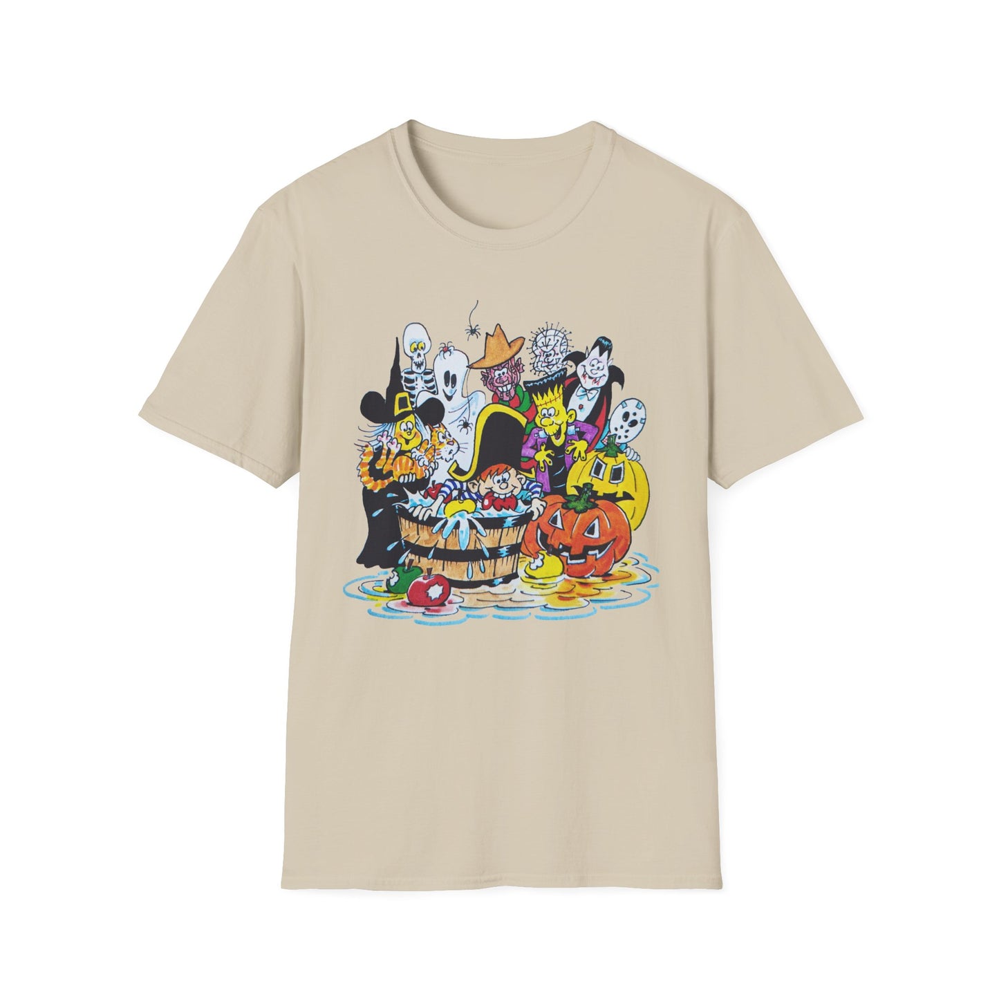 adorable cartoon witches, skeletons, jasons, freddys, and pumpkins halloween tshirt