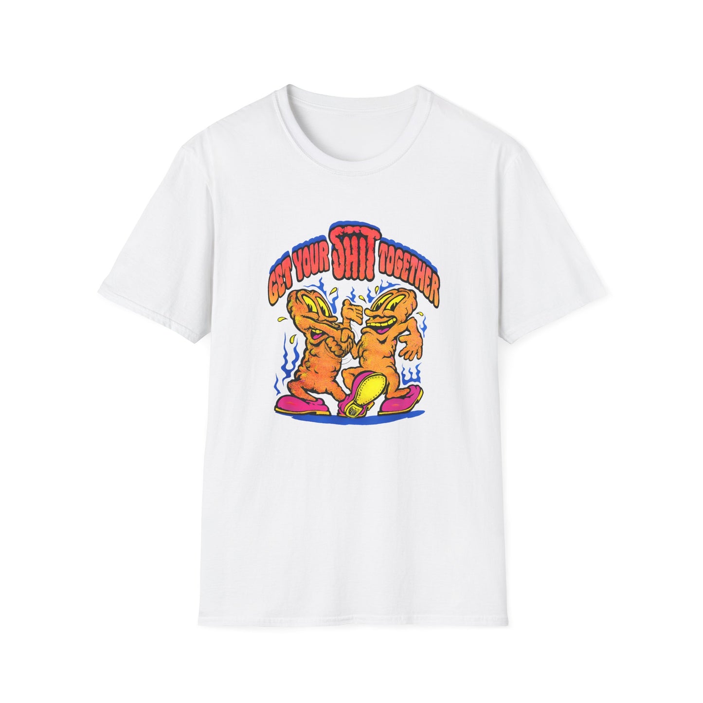 1970s graphic get your shit together two shits shaking hands tshirt