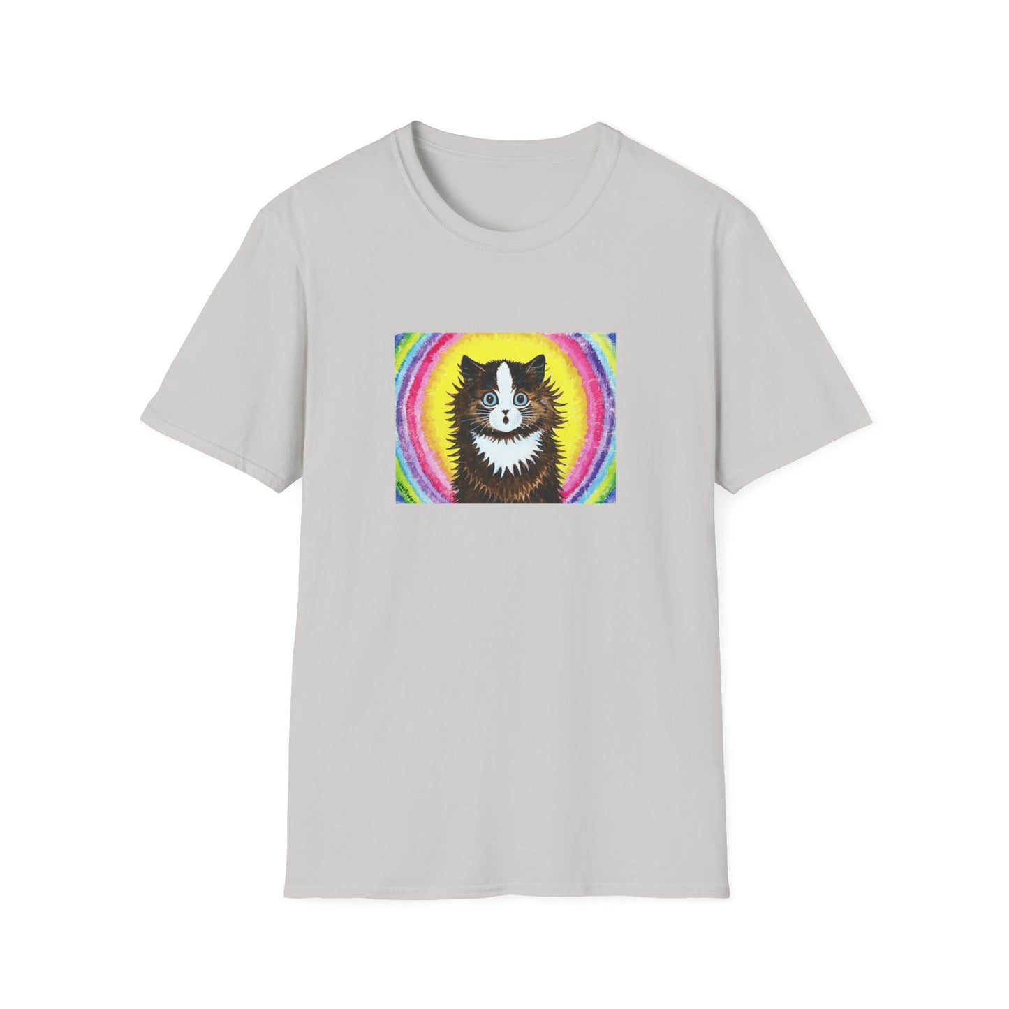 louis wain cat in a rainbow watercolour and gouache on paper reproduction tshirt