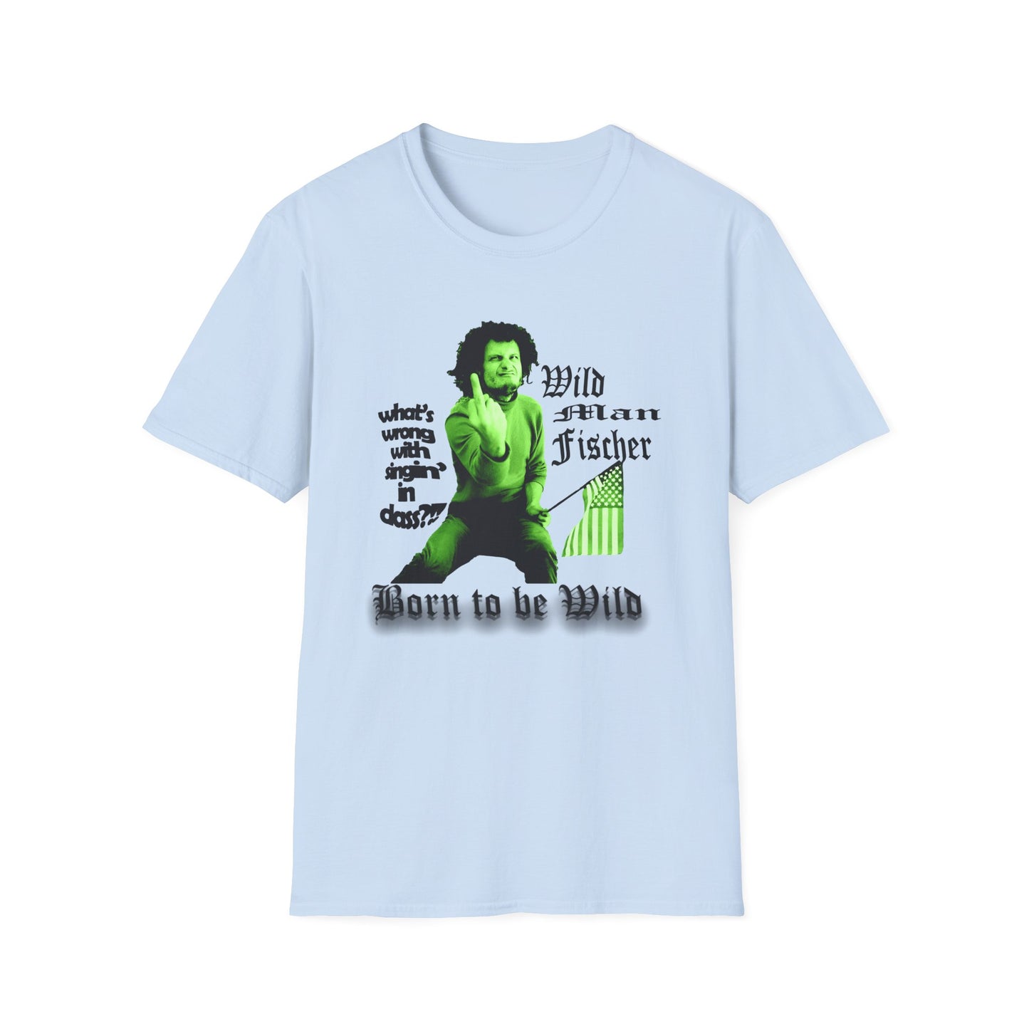 wild man fischer middle finger in green tshirt