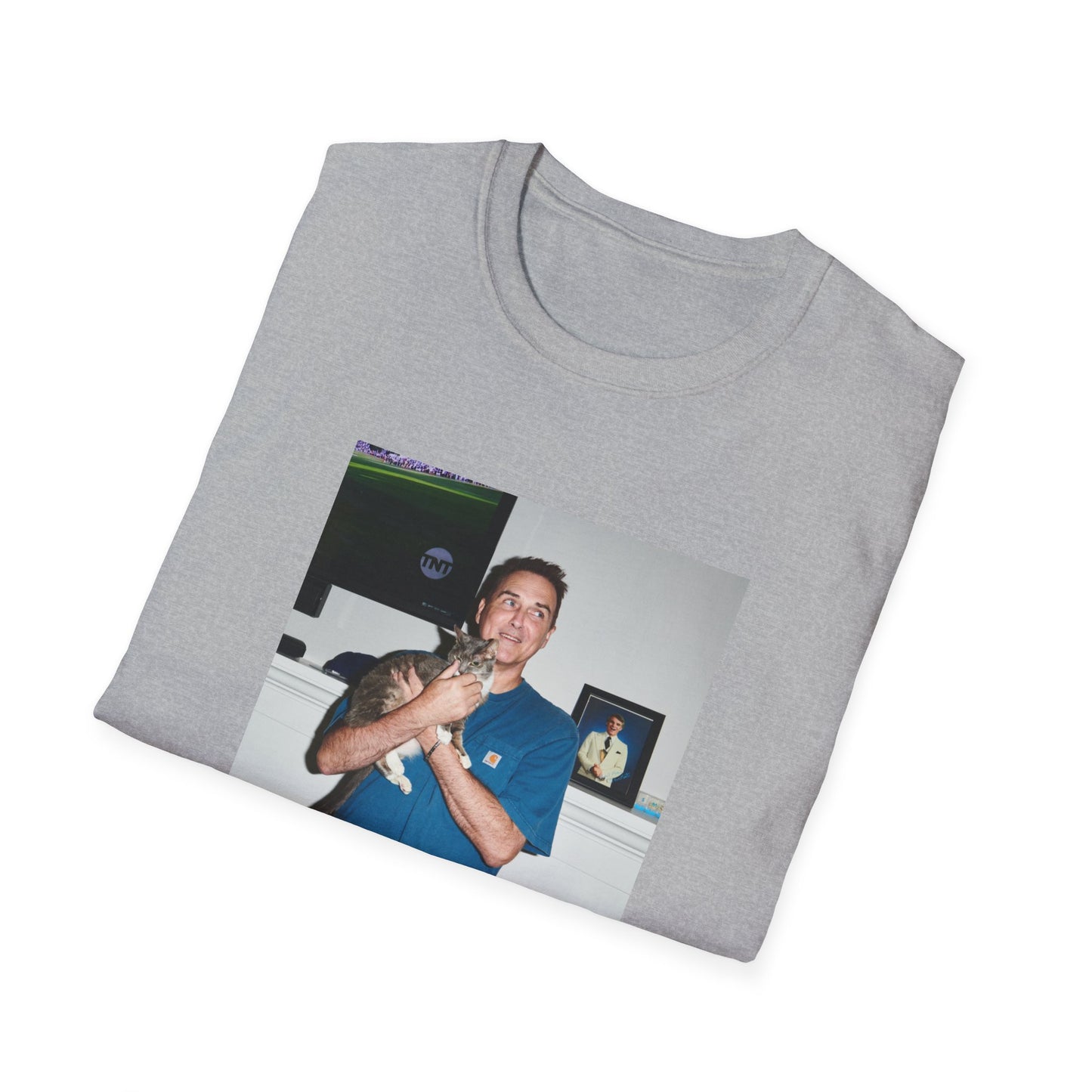 norm macdonald and his cat in front of a framed picture of steve martin close up tshirt