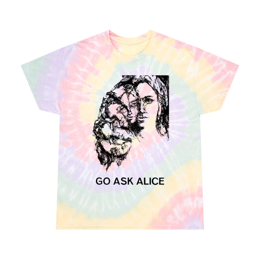 1971 book cover for "go ask alice" by anonymous or beatrice sparks on a unisex tie dye tshirt