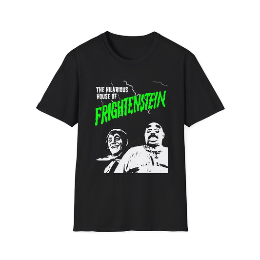 the hilarious house of frightenstein in green lettering tshirt