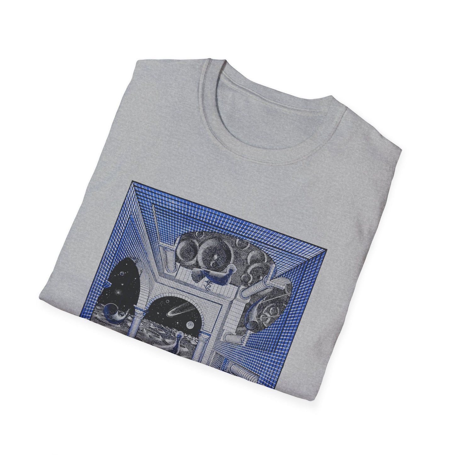 1947 m.c escher another world in blue tshirt