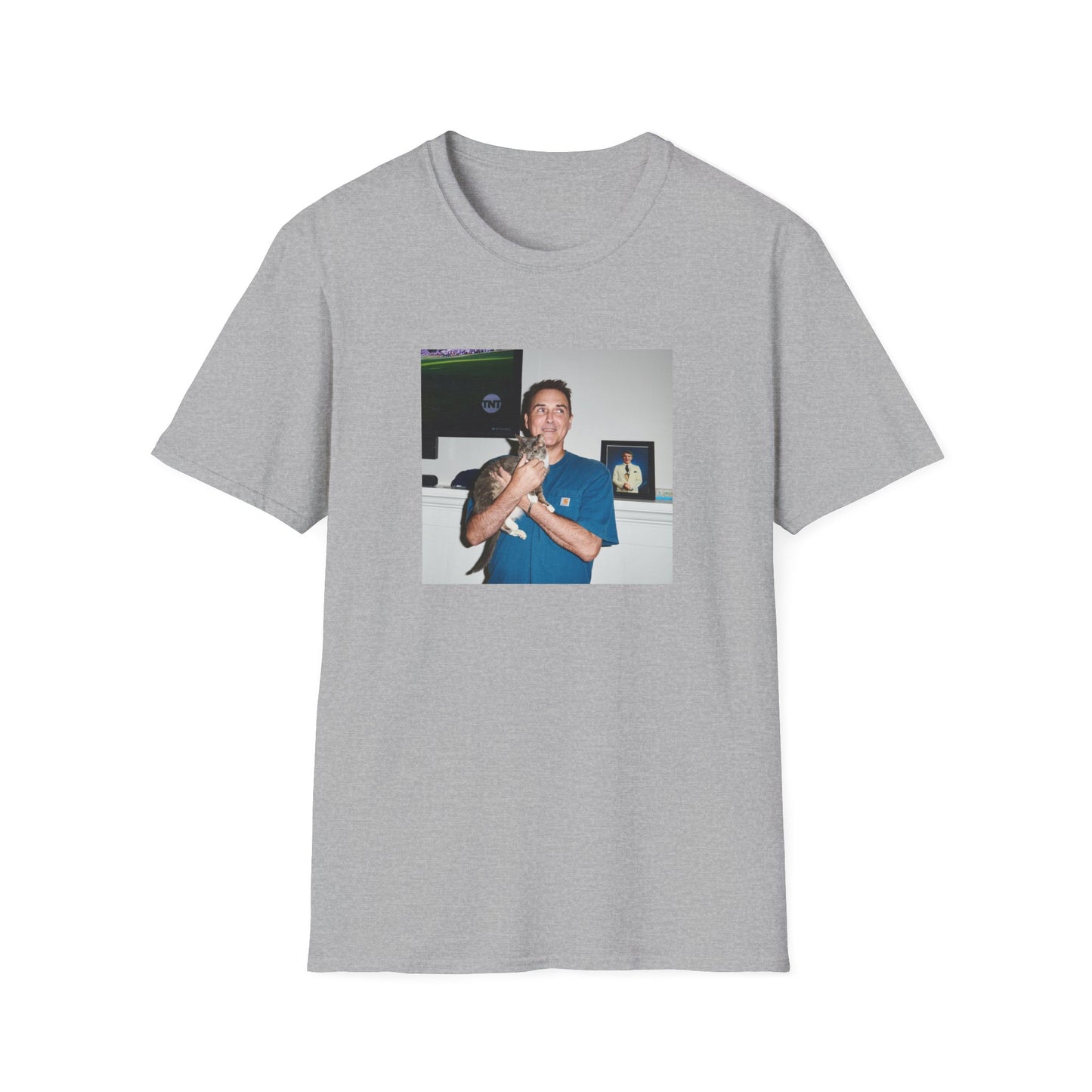 norm macdonald and his cat in front of a framed picture of steve martin close up tshirt