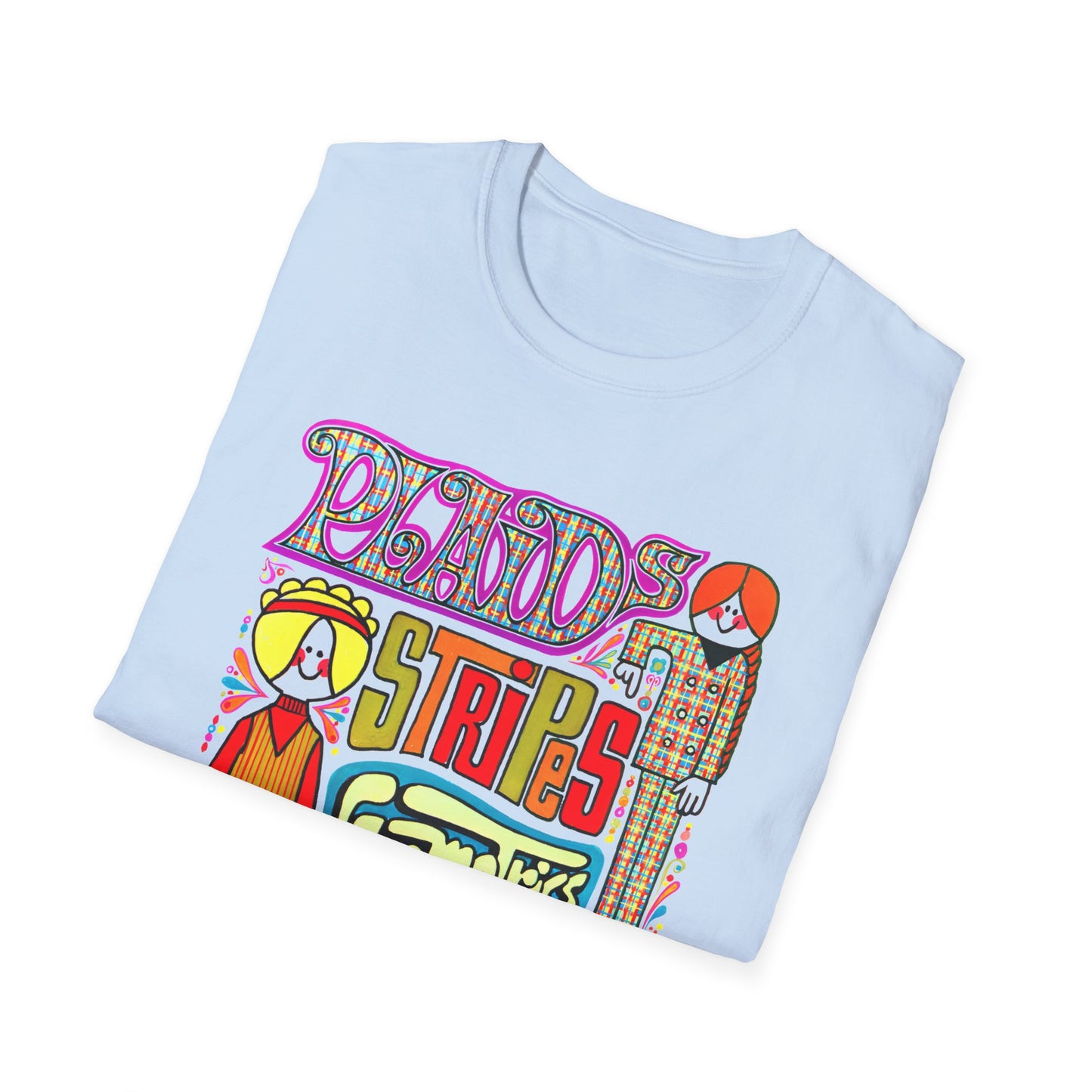 late 1960s fashion it's in advertisement for plaids, stripes, and geometrics tshirt