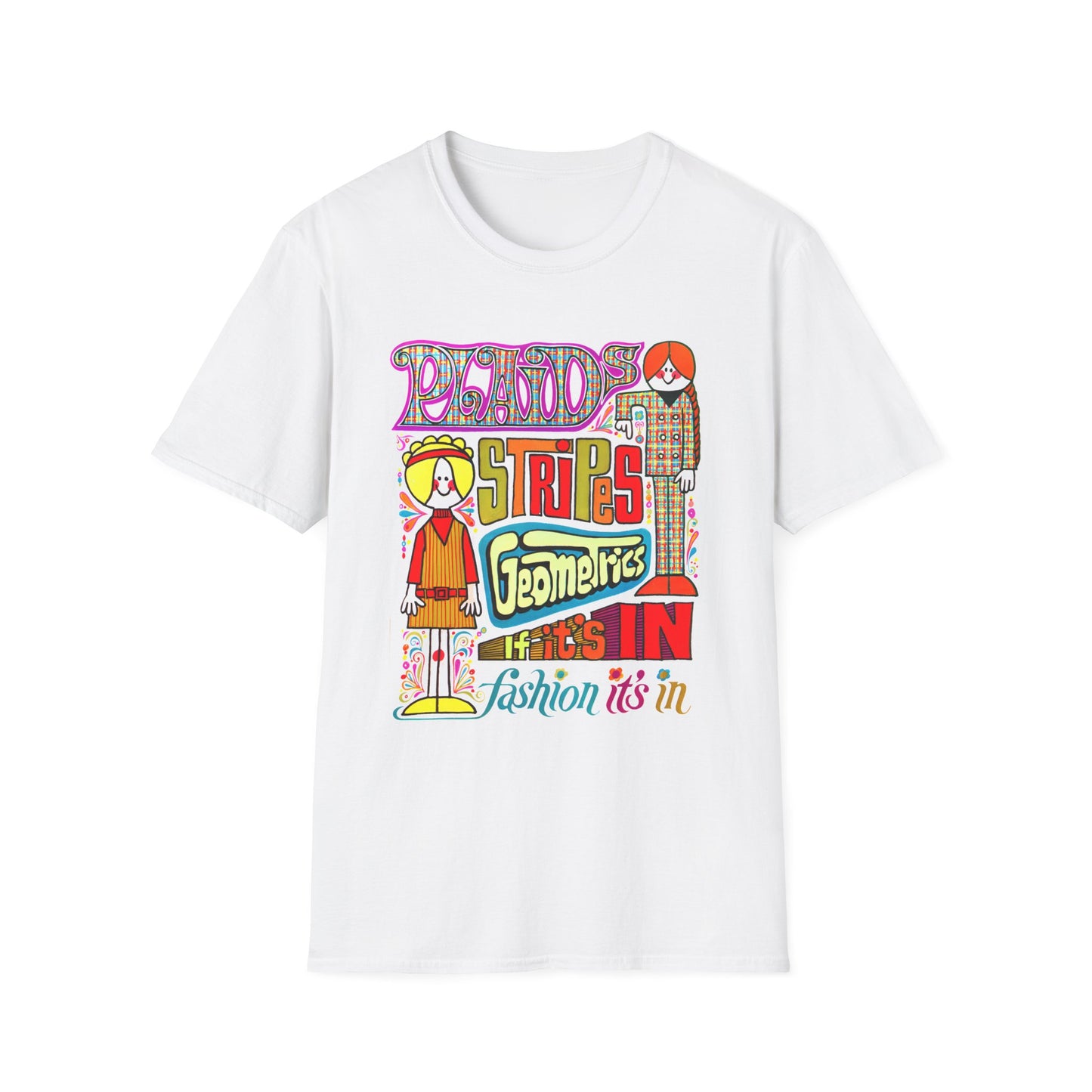 late 1960s fashion it's in advertisement for plaids, stripes, and geometrics tshirt