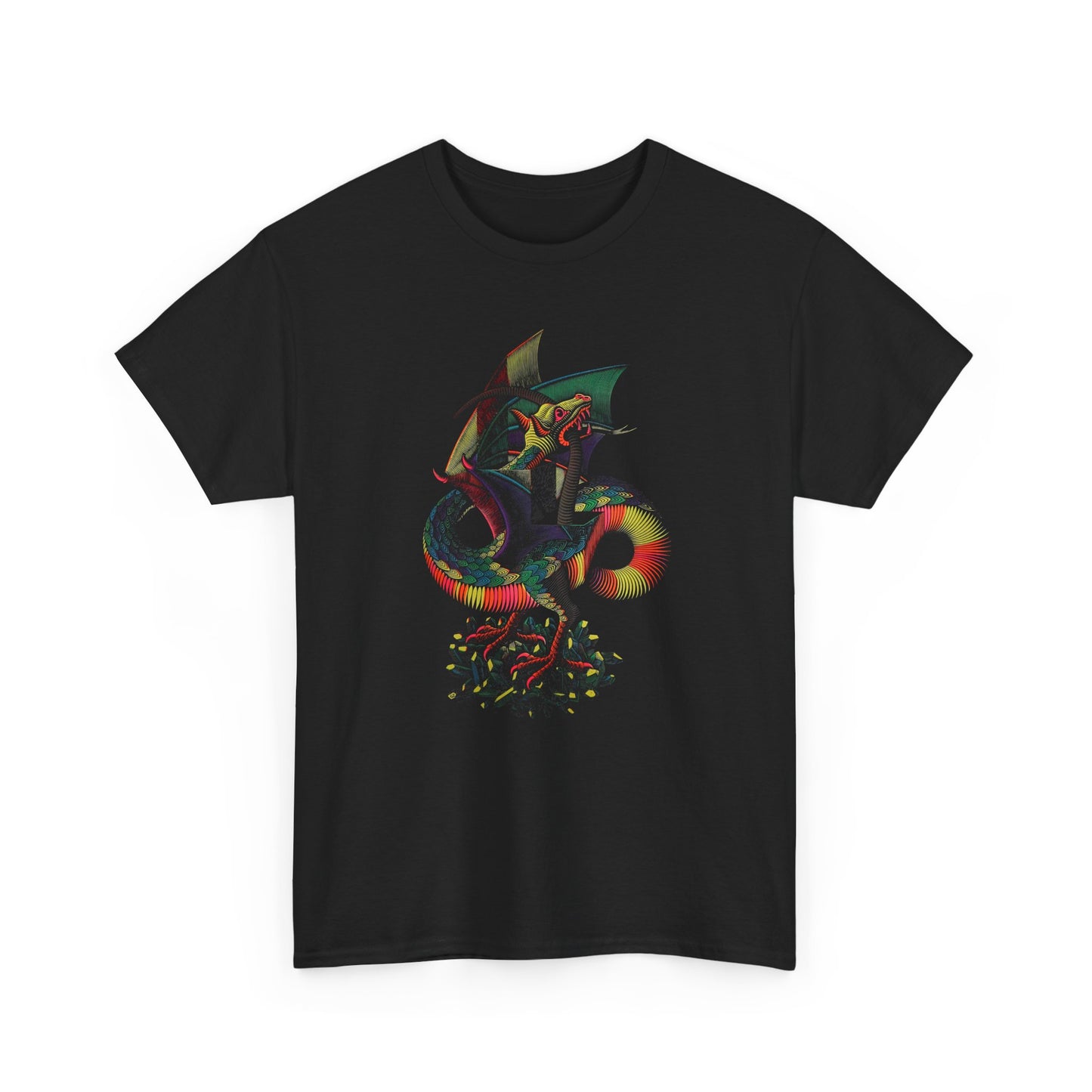 m.c escher 1952 woodcut dragon colorized reproduction tshirt