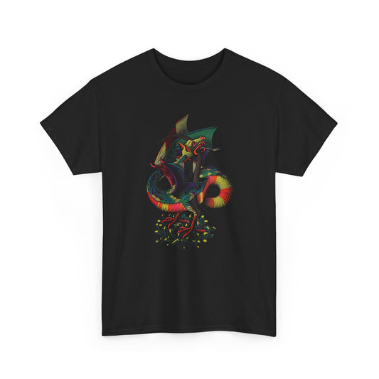 m.c escher 1952 woodcut dragon colorized reproduction tshirt