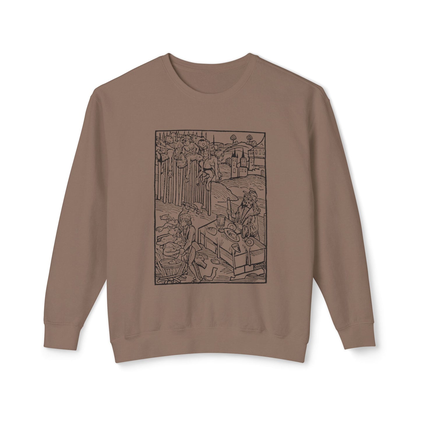 vlad the impaler dining near the mutilated bodies of his victims 1499 german woodcut by ambrosius huber 100% cotton sweatshirt