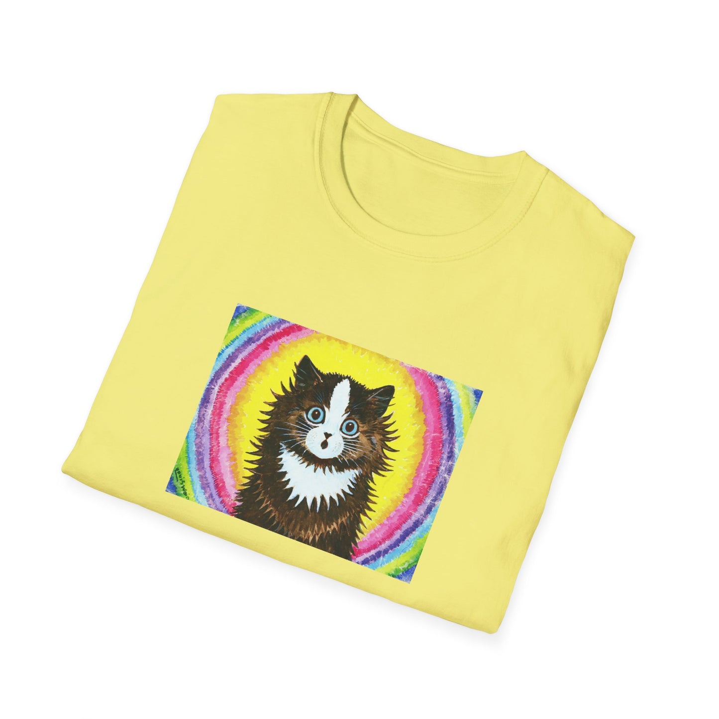 louis wain cat in a rainbow watercolour and gouache on paper reproduction tshirt