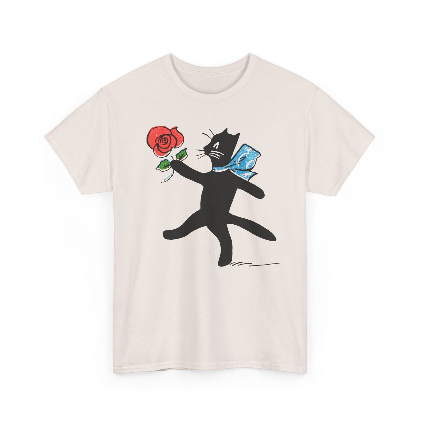 early 1900s french illustration of black cat with flower reproduction tshirt