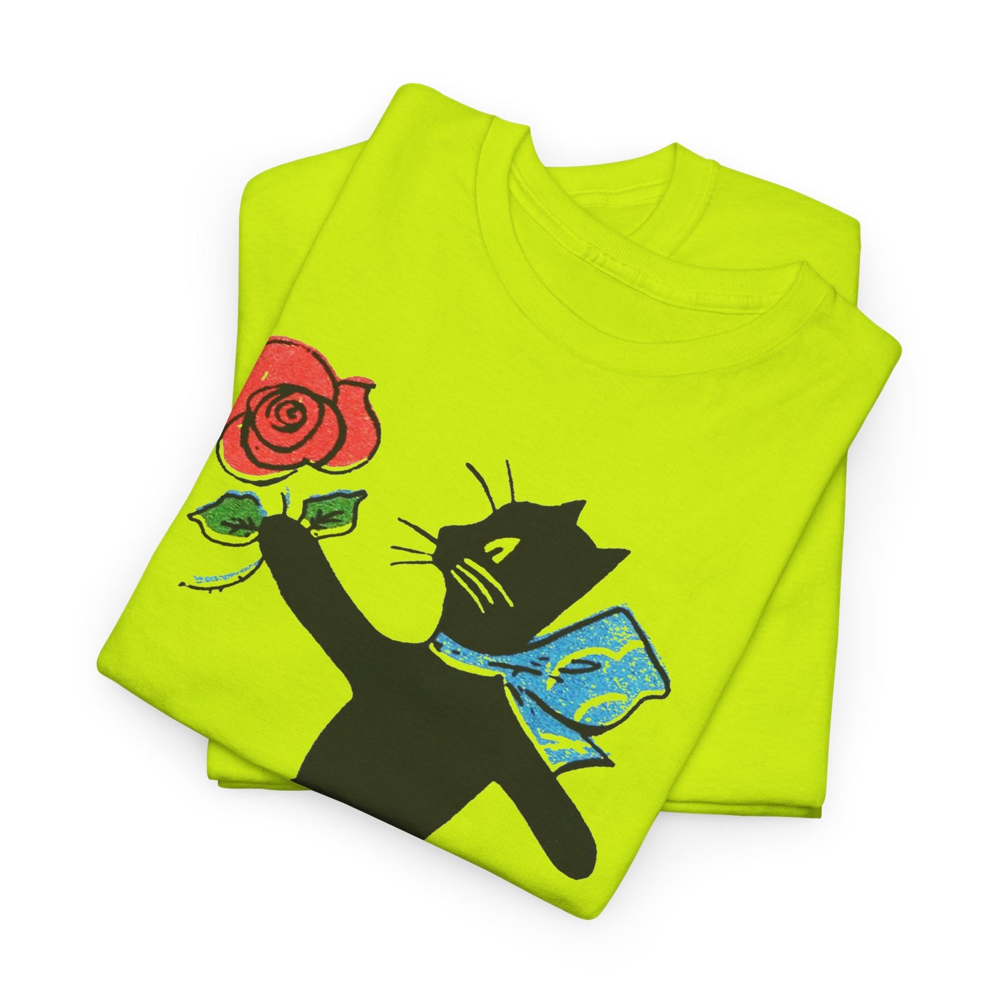 early 1900s french illustration of black cat with flower reproduction tshirt