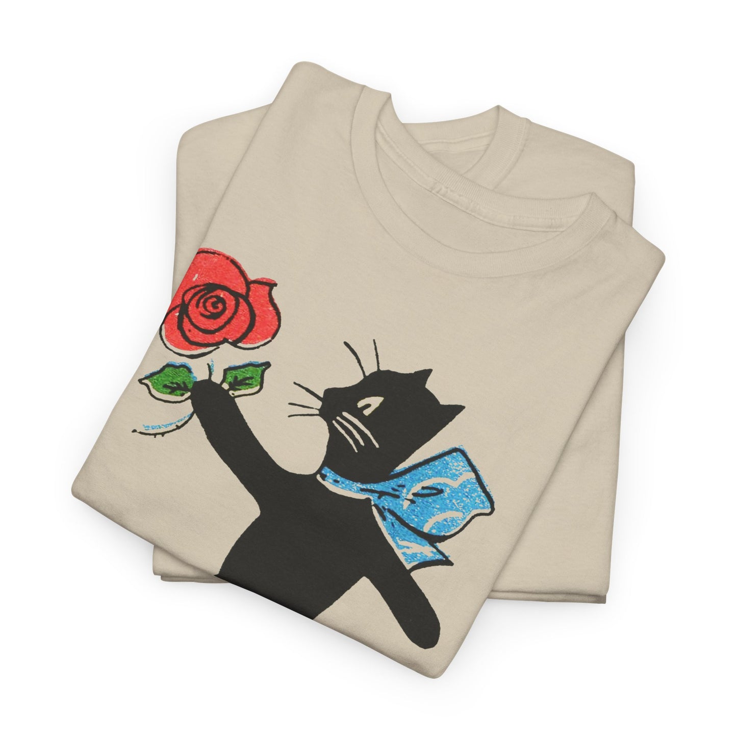early 1900s french illustration of black cat with flower reproduction tshirt