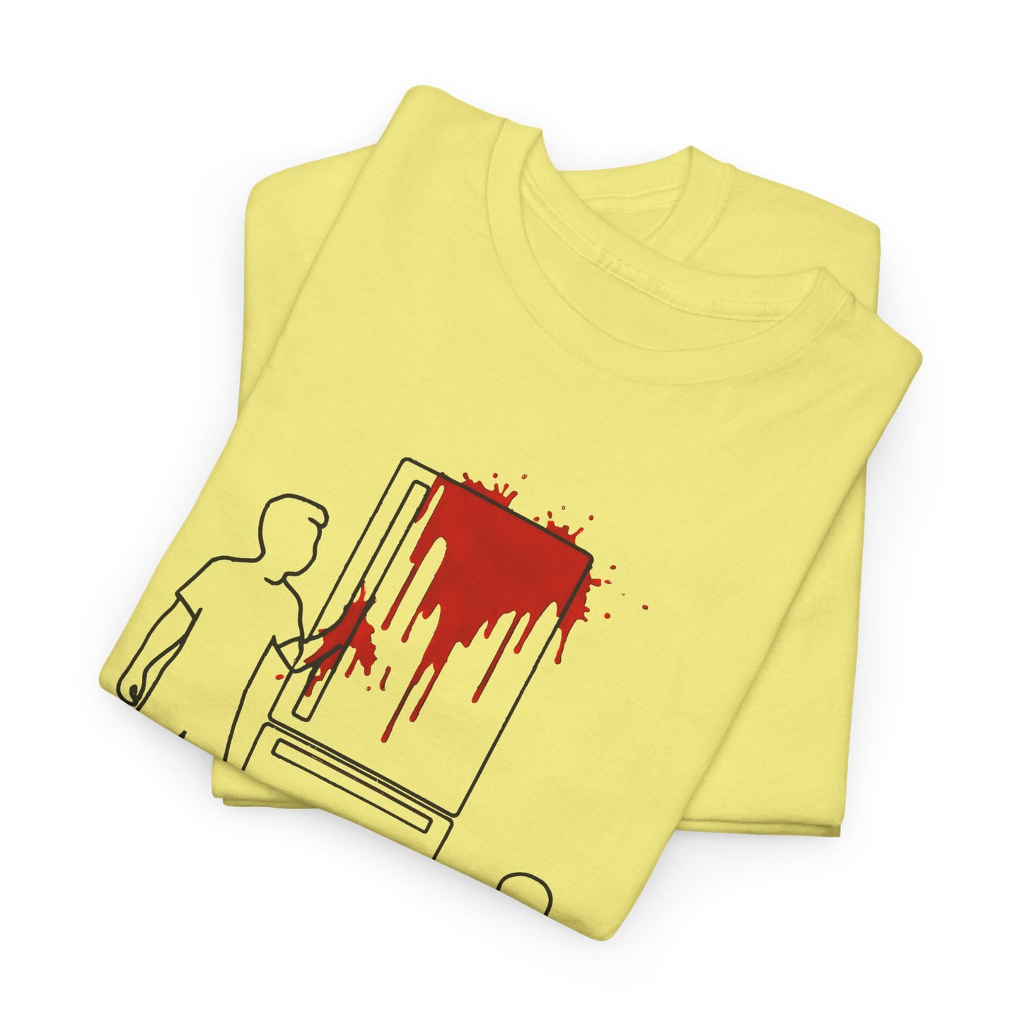 weird kitchen scene with ketchup on a fridge tshirt