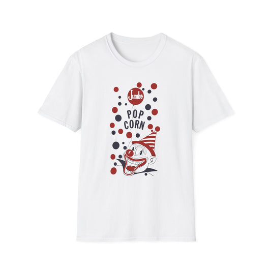 1960s popcorn box logo with a weird popcorn mascot clown tshirt