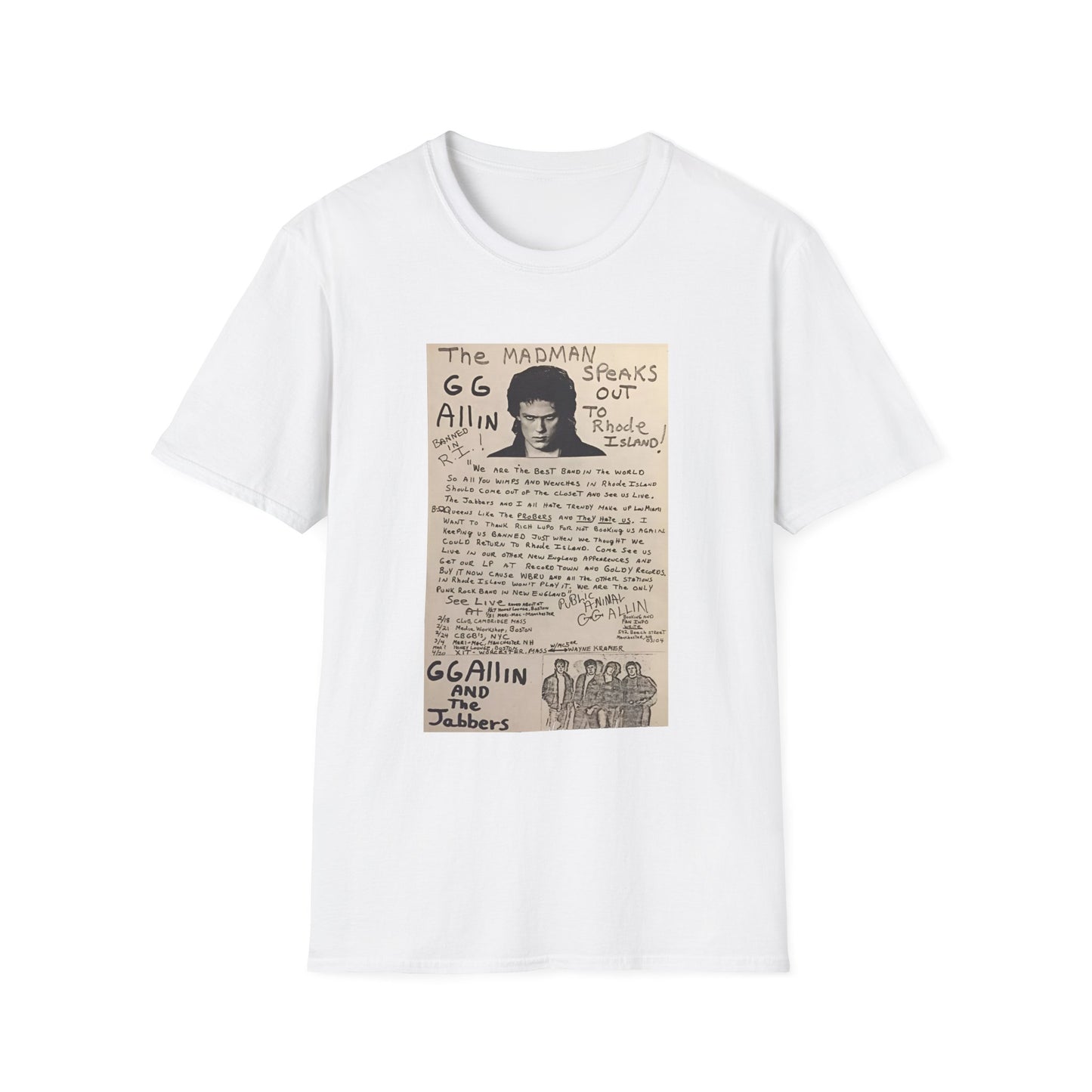 1982 show poster tshirt gg allin and the jabbers