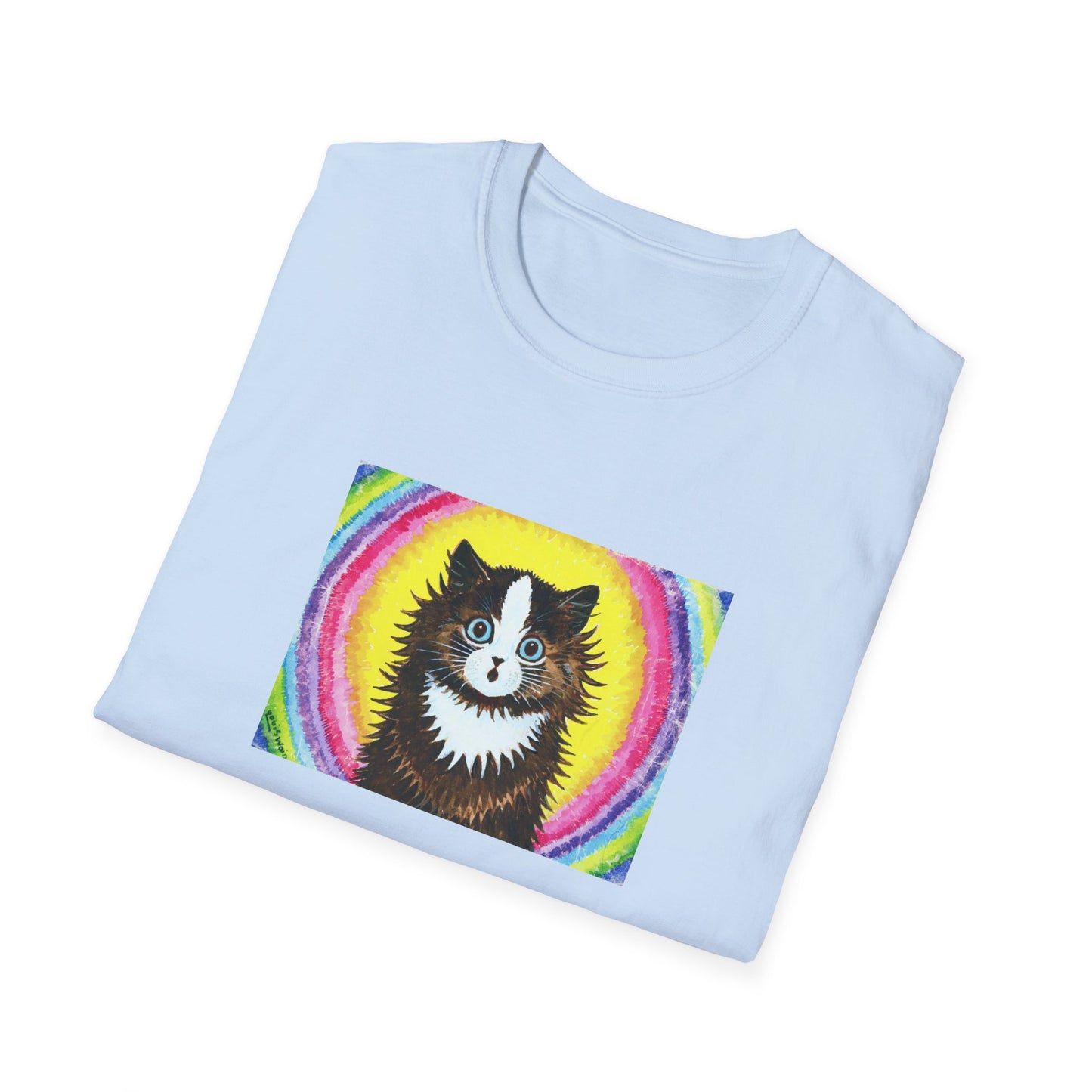 louis wain cat in a rainbow watercolour and gouache on paper reproduction tshirt