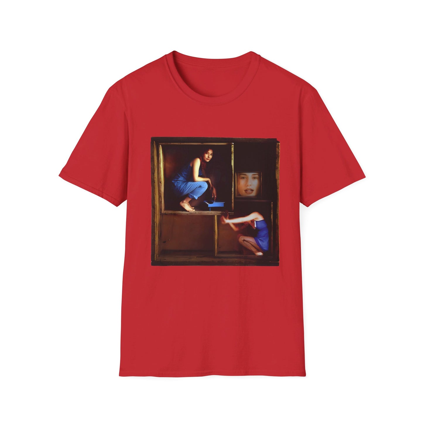 tori amos on a shelf in a crate playing a small piano surrounded by other amos's on a tshirt