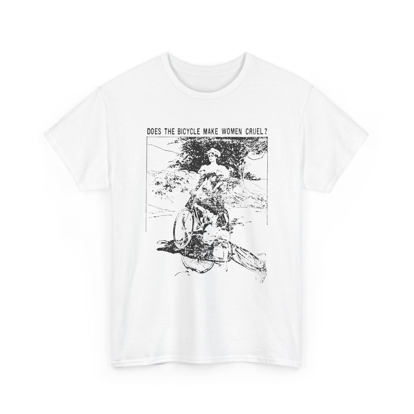 1897 cartoon does the bicycle make women cruel? reproduction tshirt