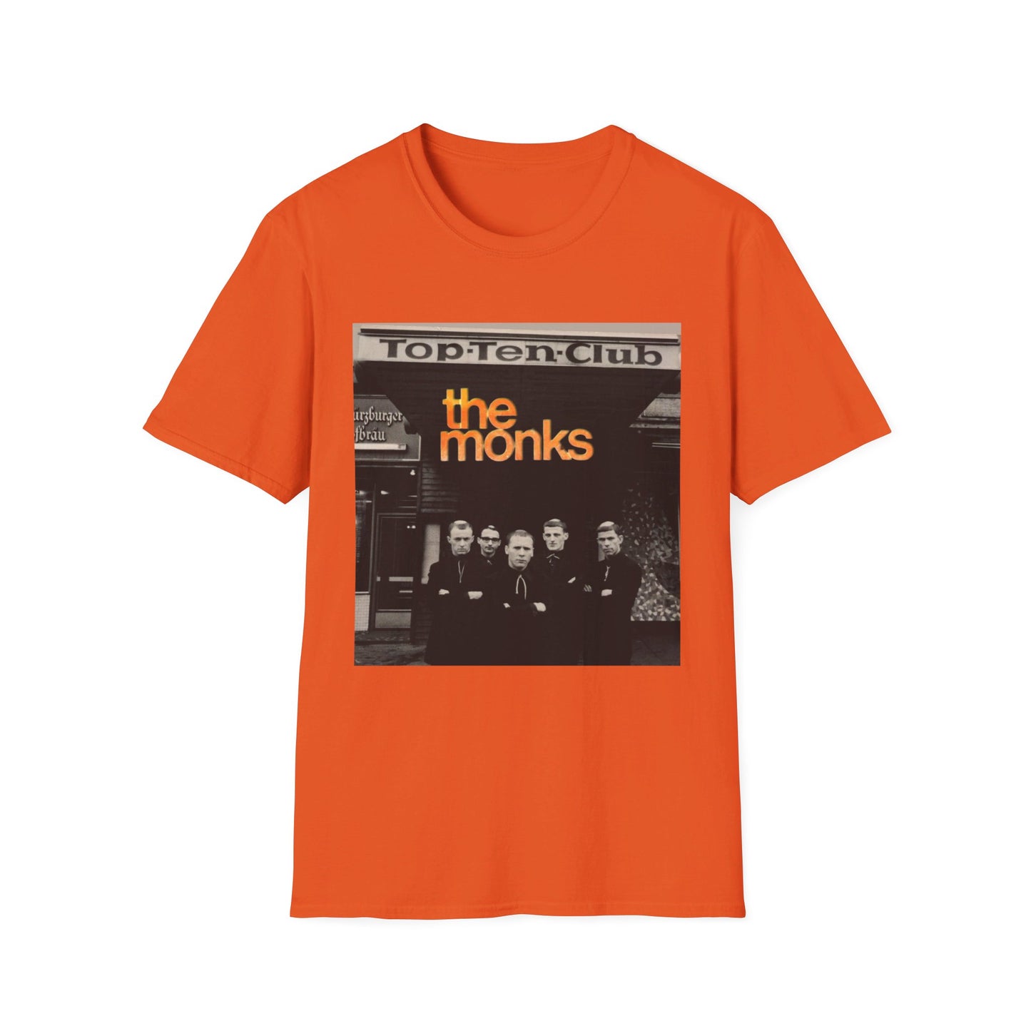 1960s experimental rock n roll band the monks in front of the top ten club tshirt