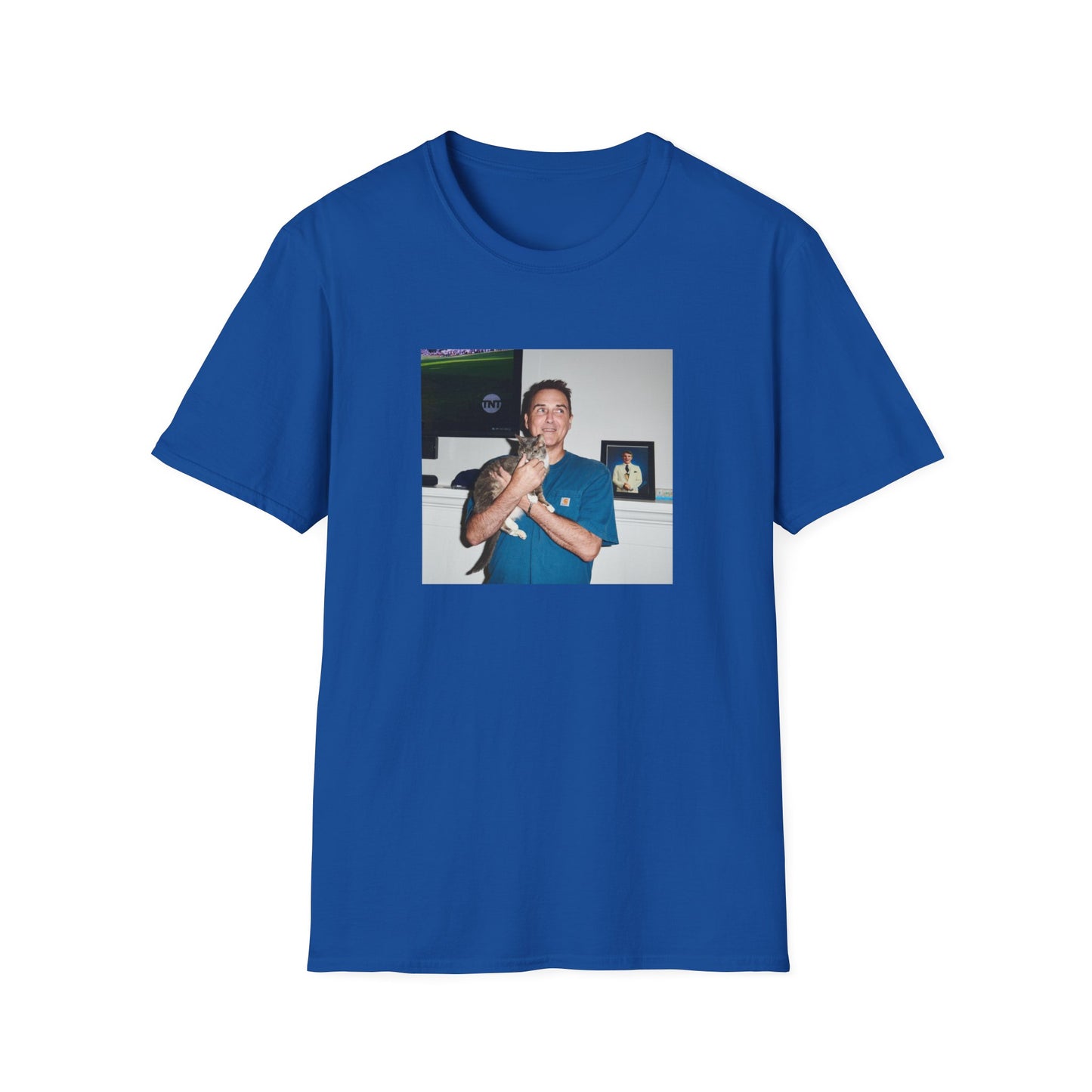 norm macdonald and his cat in front of a framed picture of steve martin close up tshirt