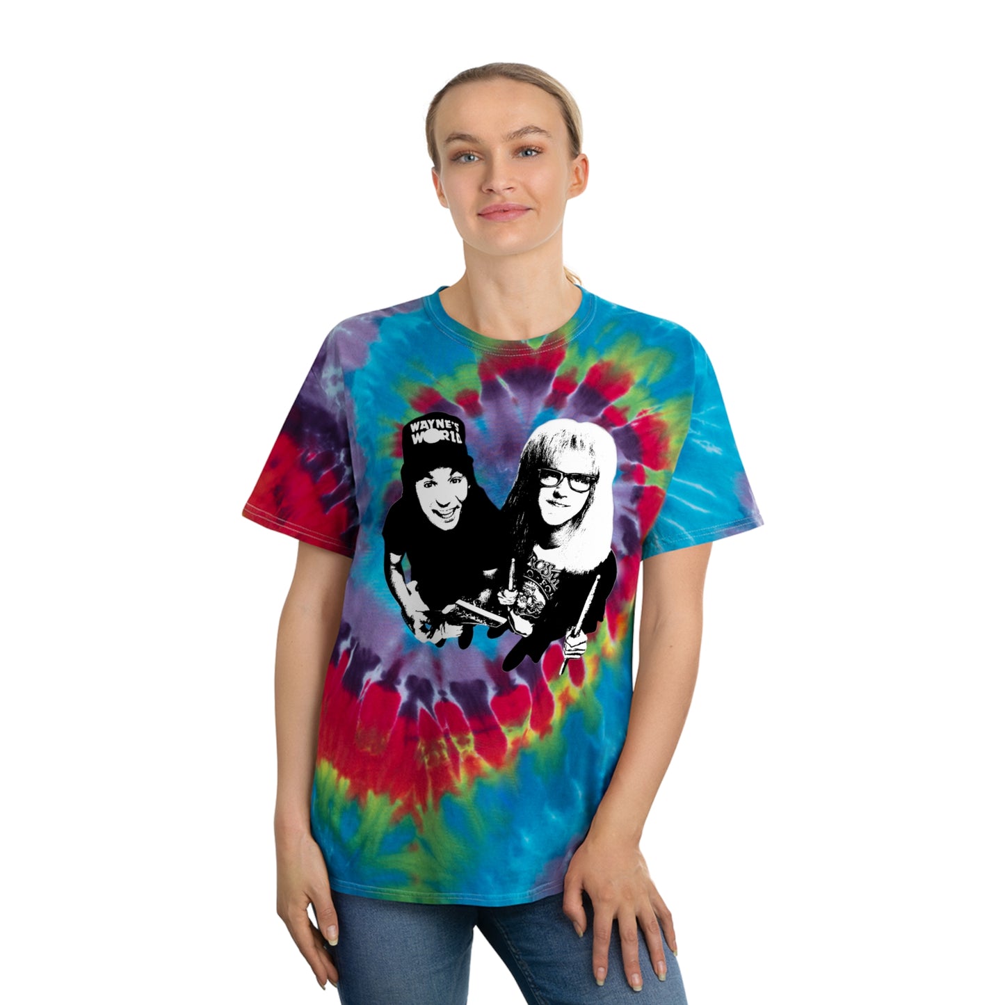 wayne's world stencil style tie dye tshirt