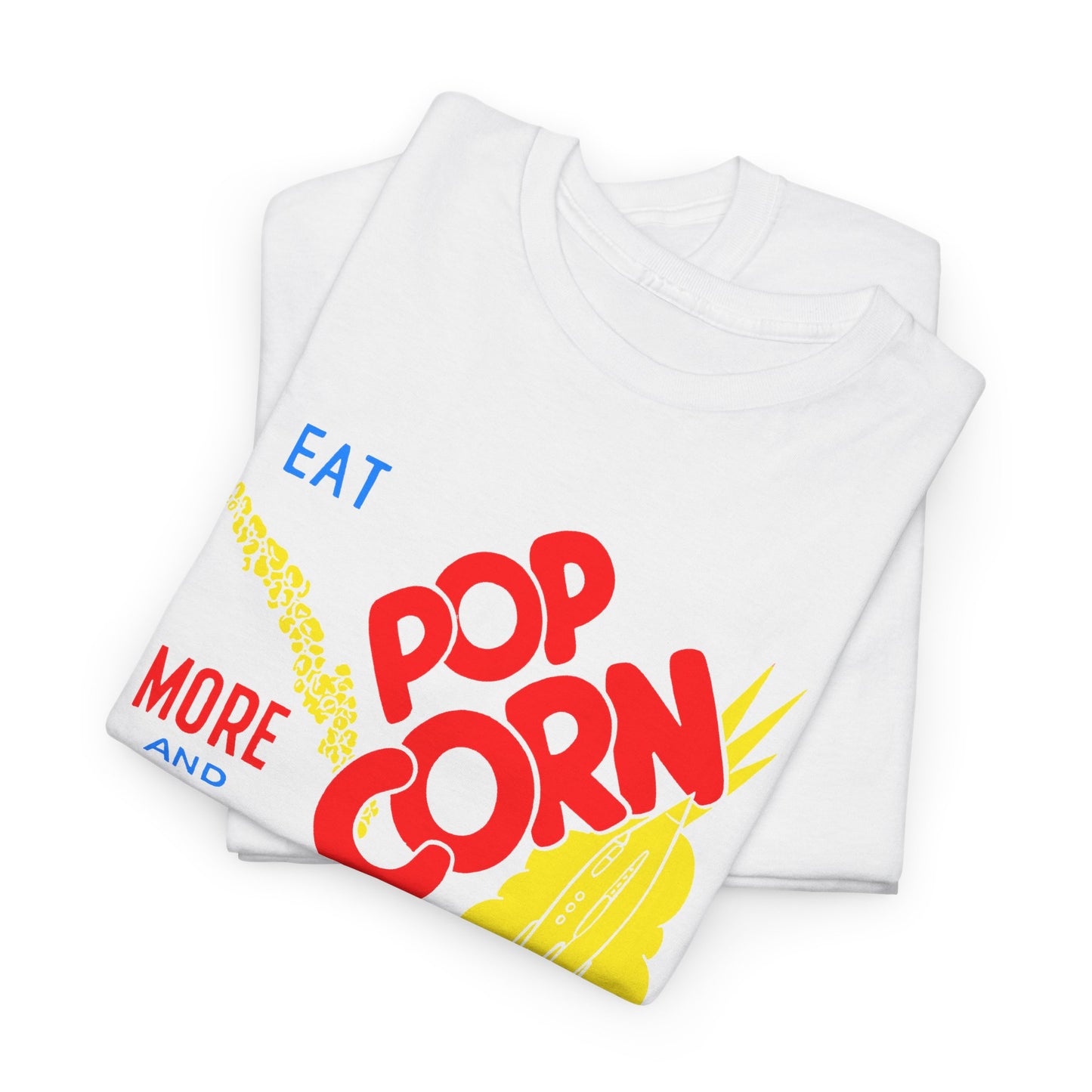 1950s coloured popcorn box logo eat popcorn more and more and more out of this world! tshirt