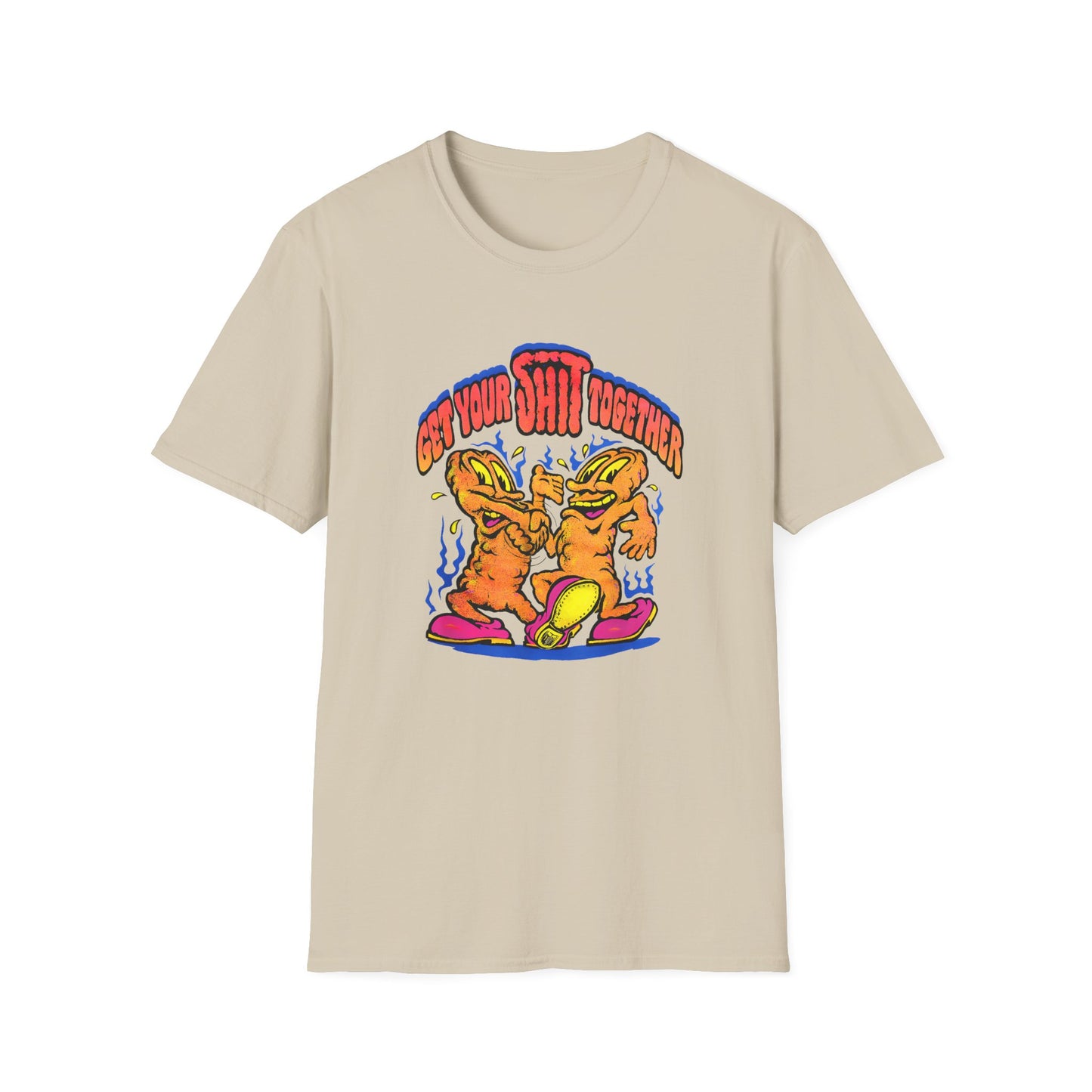 1970s graphic get your shit together two shits shaking hands tshirt
