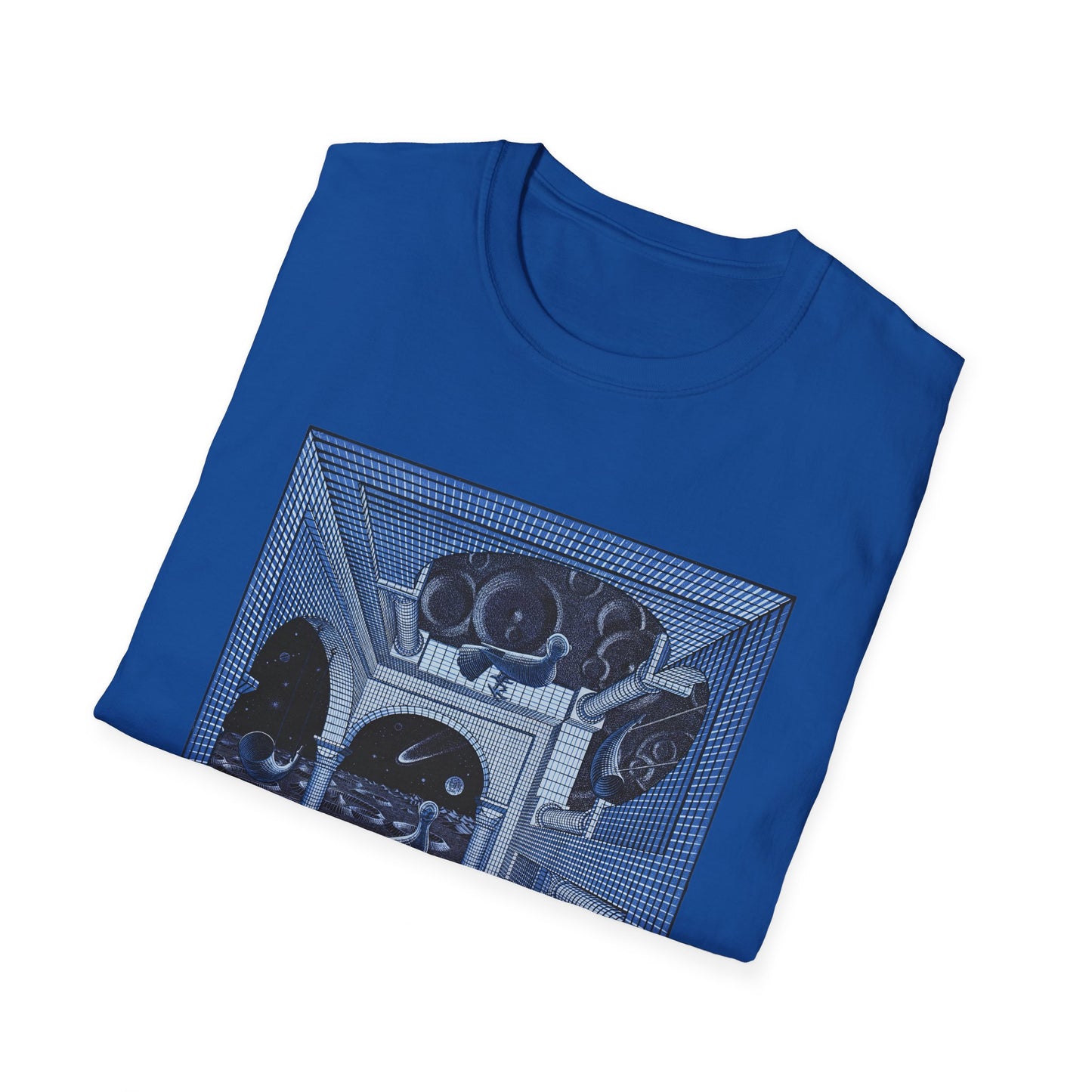 1947 m.c escher another world in blue tshirt