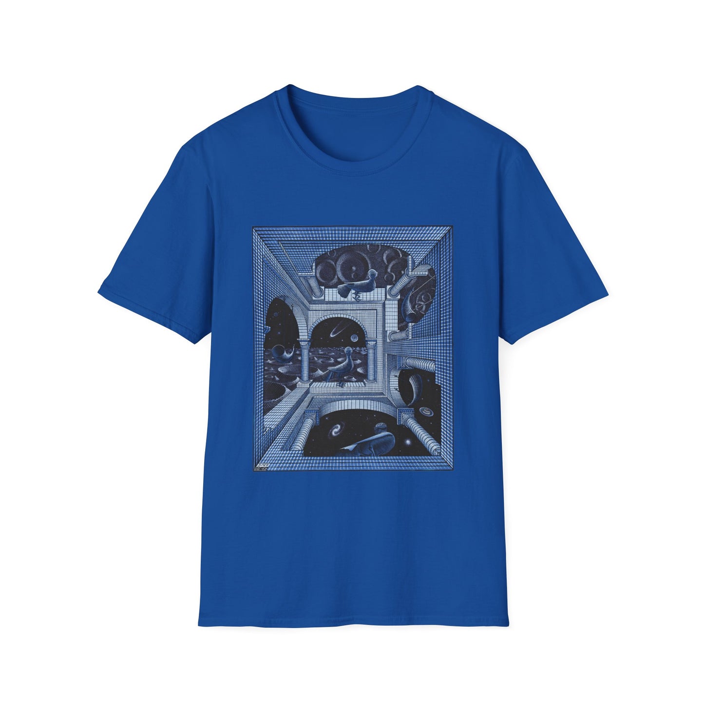 1947 m.c escher another world in blue tshirt