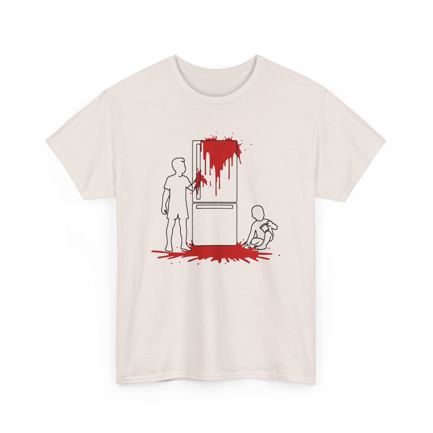 weird kitchen scene with ketchup on a fridge tshirt